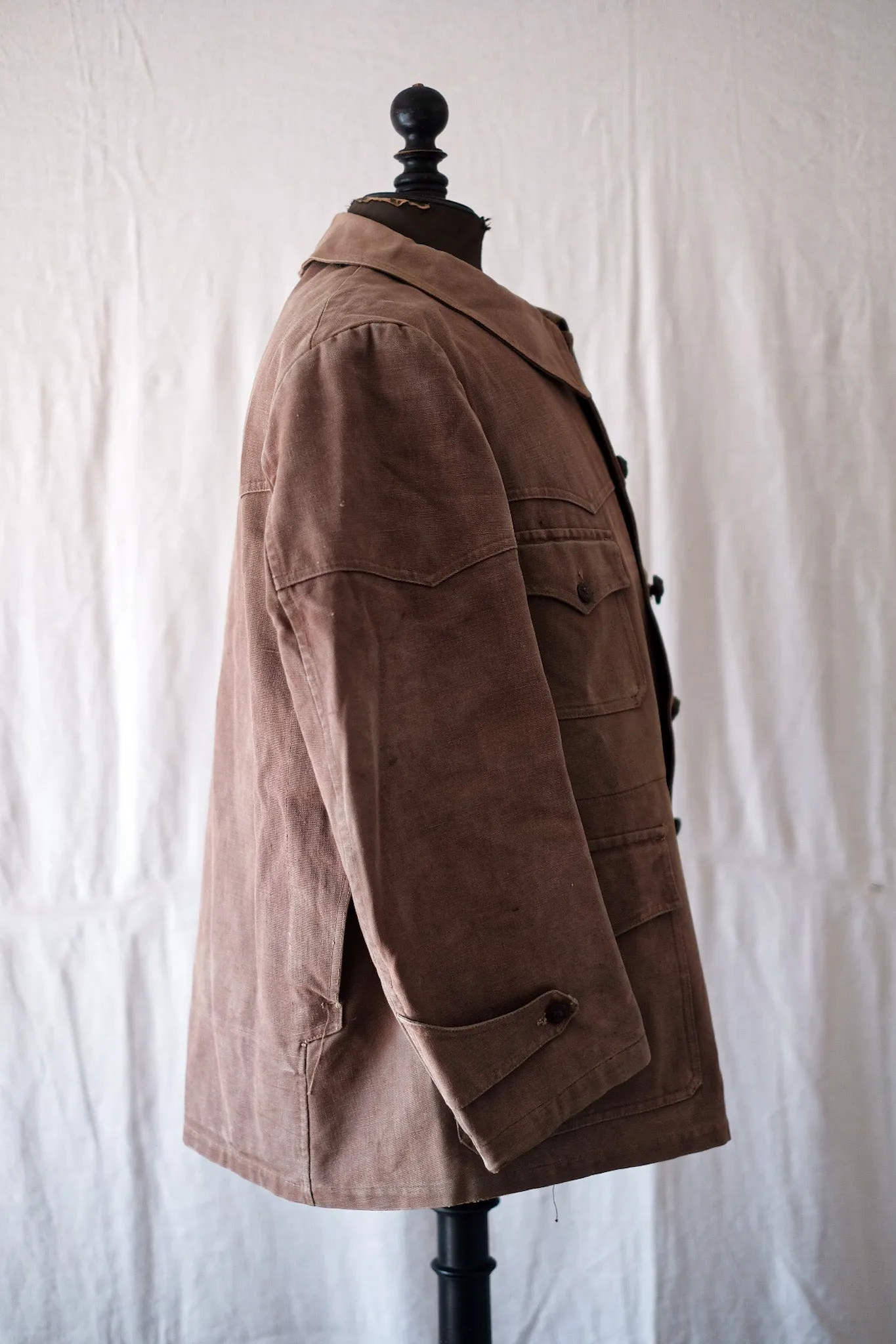 [~ 40's] Veste de chasse en toile en coton brun rougeâtre vintage français