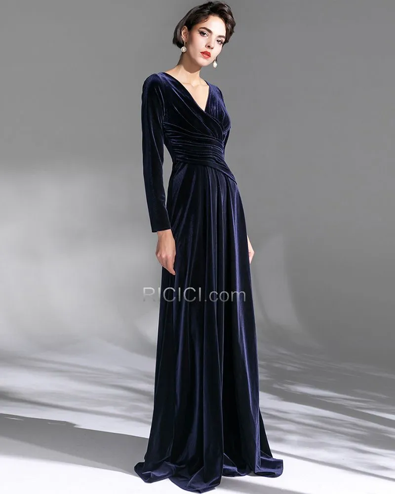 Bleu Marine Longue Volantée Originale Robes De Soirée Velours Modeste Robe Mère De Mariée Portefeuille Simple