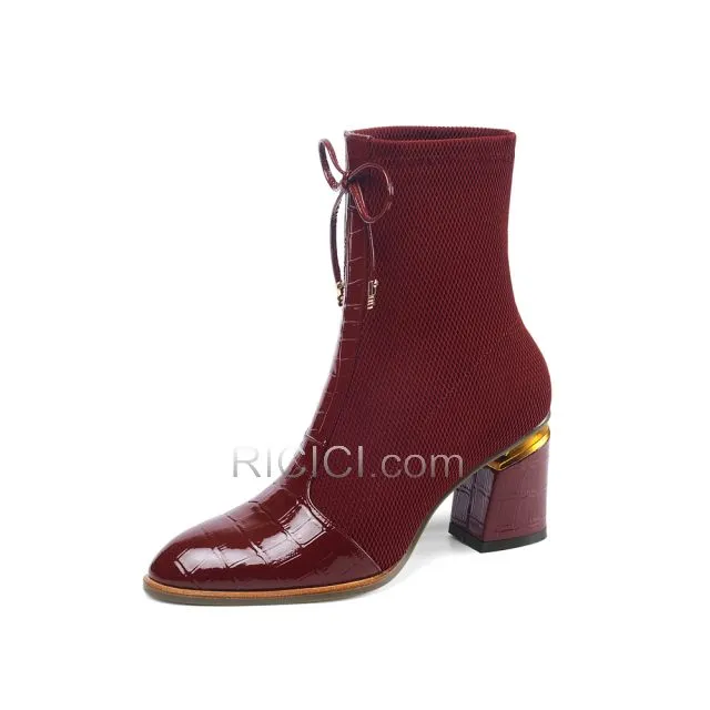 Bordeaux Talons Carrés Vernis Tulle Bottines Stretch