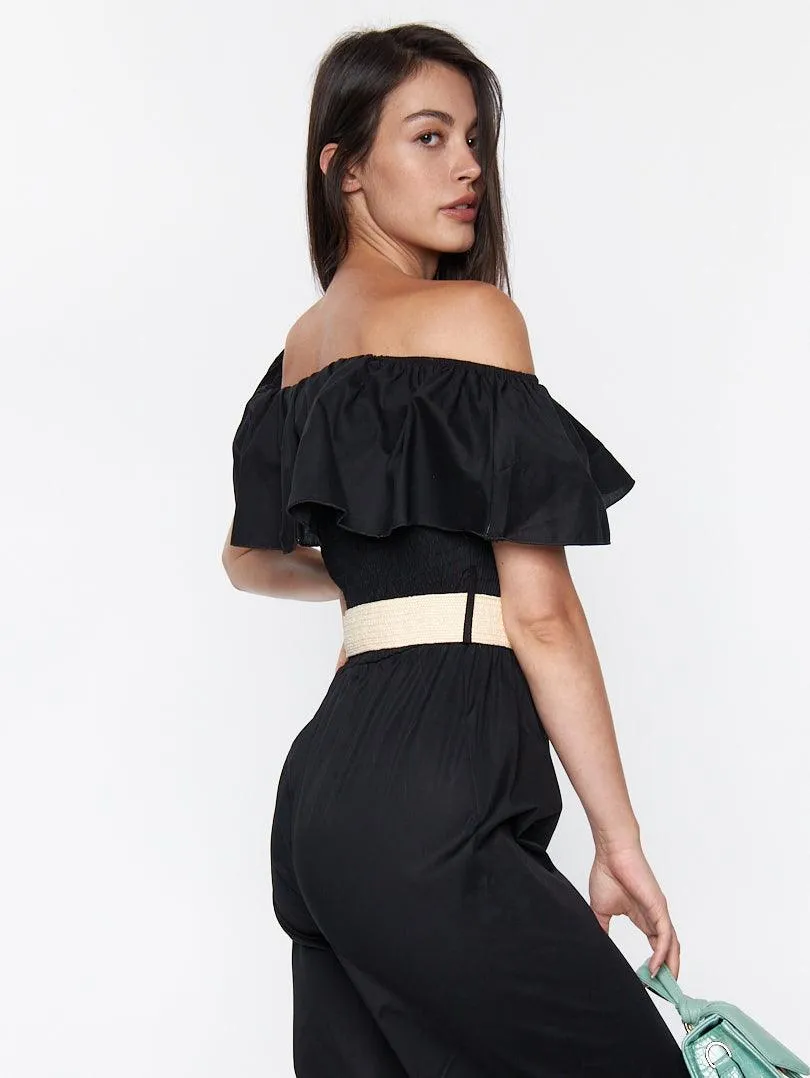 Combinaison pantalon col bardot avec ceinture
