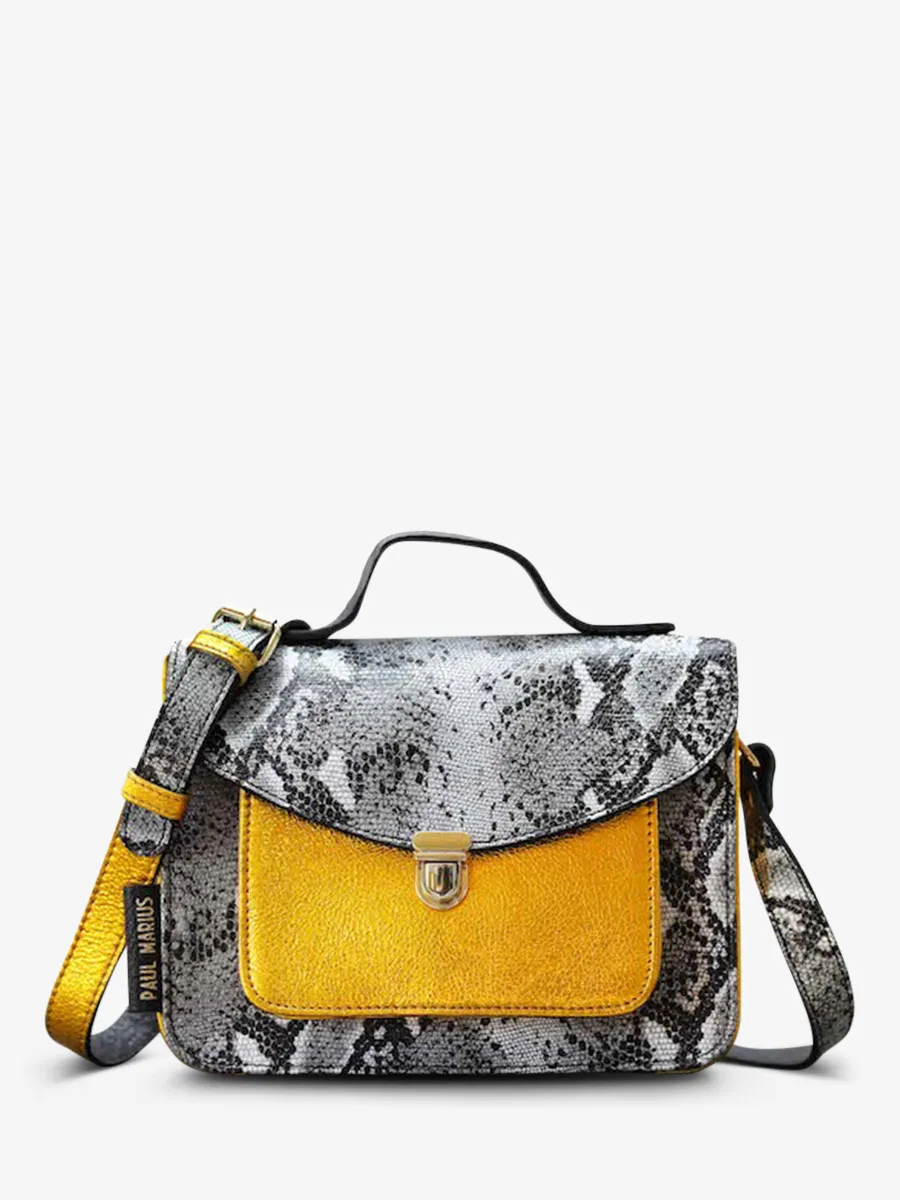 GREY & YELLOW LEATHER HANDBAG WOMEN Mademoiselle George Python - Granite Metallic Yellow