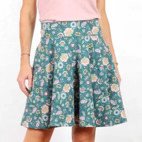 Jupe évasée en jersey coton bleu canard fleuri